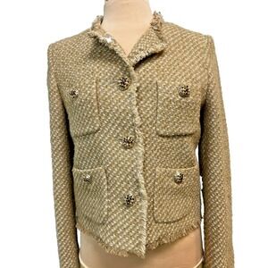 MNG Carlita Timeless Tweedy Blazer/Jacket Tan Fringe Finish Decorative Buttons M
